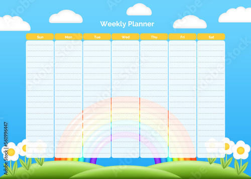 Vector weekly planner design template. Elegant cute blue spring kids organizer and notepad. Week calendar schedule printable to do list.	Beautiful 3d clouds in blue sky with realistic 3d rainbow.
