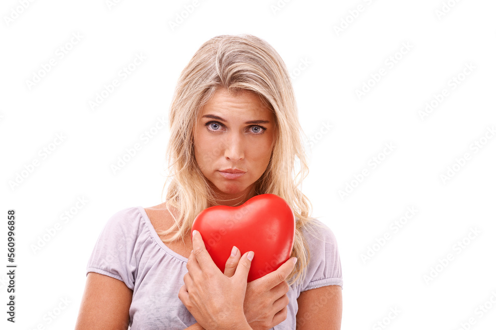 Heart, love and portrait of sad woman with red object, romantic product or emoji icon for Valentines Day holiday. Broken heart, heartbreak and studio headshot of lonely model girl on white background Heart, love and portrait of sad woman with red object, romantic product or emoji icon for Valentines Day holiday. Broken heart, heartbreak and studio headshot of lonely model girl on white background