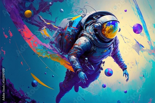A surreal art piece depicting a floating astronaut surrounded by vibrant and bold colors of blue and purple, digital painting style made with generative AI.