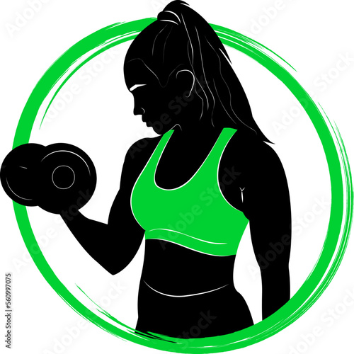 Exercise with dumbbells. Logo. Woman in training. Fitness. Dumbbells. Silhouette. Sport. GYM. Bodybuilding.