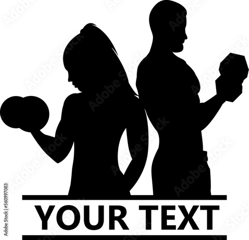 GYM. Dumbbells. Fitness. Silhouette. Sport. Man and woman in training. Bodybuilding. Logo.