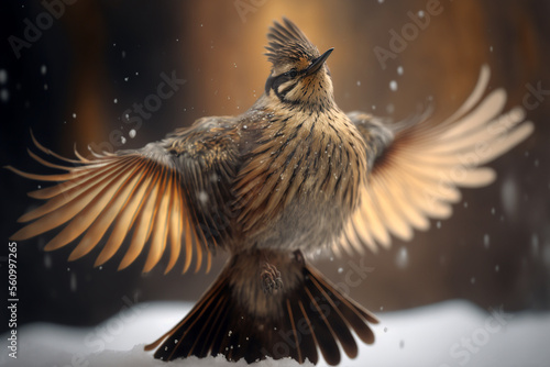 A bird with its wings spread in the snow, Generative AI