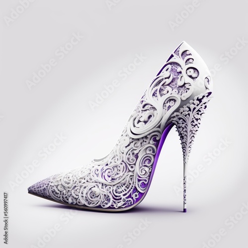 White and purple ornamental stiletto heels. Intricate details. Isolated on white background. Generative ai.
