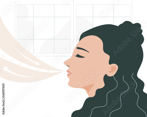 Side view of beautyful woman face, she manage her stress or anxiety by breathing exercise. Flat vector iluustration.