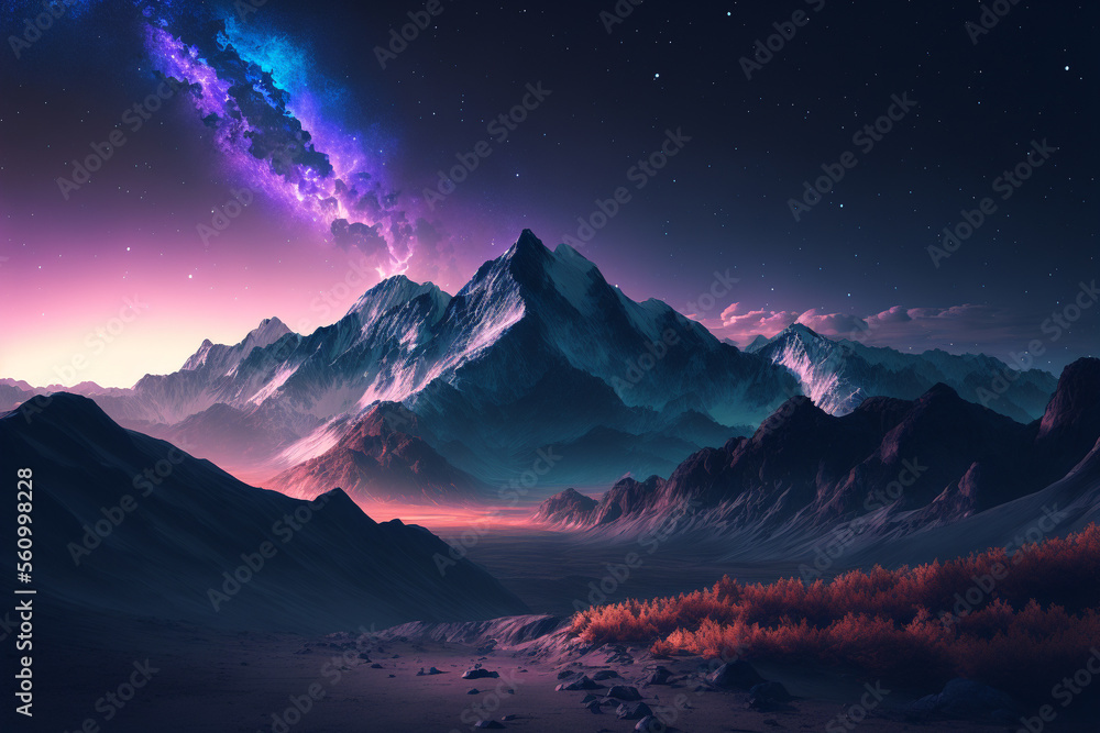 A night scene of a mountain range with a purple and blue aurora light, Generative AI