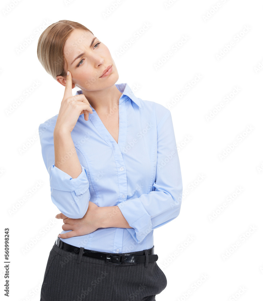 Business woman, thinking and confused while isolated on a white background with doubt about a decision. Serious female entrepreneur frustrated and unsure about a question, solution or mockup space Business woman, thinking and confused while isolated on a white background with doubt about a decision. Serious female entrepreneur frustrated and unsure about a question, solution or mockup space