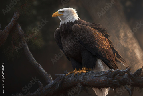 A painting of a bald eagle perched on a tree branch, Generative AI