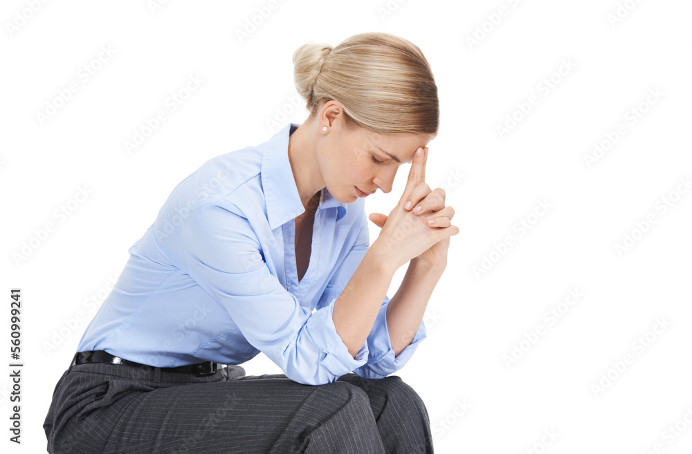 Thinking business woman, hands or stress on white background in mental health, anxiety or isolated burnout. Corporate worker, worry or employee praying in company investment or financial tax crisis Thinking business woman, hands or stress on white background in mental health, anxiety or isolated burnout. Corporate worker, worry or employee praying in company investment or financial tax crisis