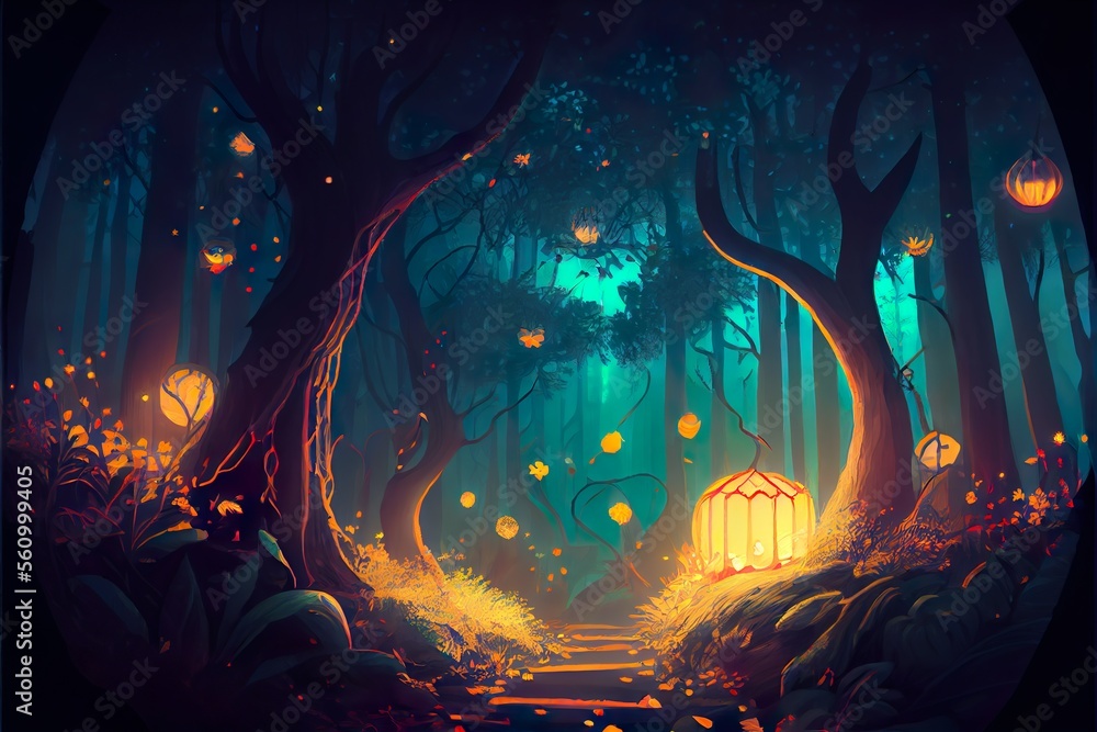 Fototapeta premium Fantasy forest glowing Generative AI