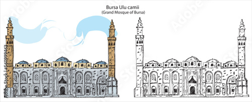 bursa ulu camii, Grand Mosque of Bursa Hand drawing vector illustration line art. Art of the great architect Sinan 