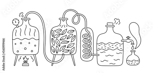 Essential oil making. Distillations aromatic oils. Perfumery substances Distiller equipment. Editable outline stroke. Vector infographic illustration.