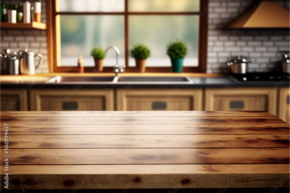 Wooden desk on blurred kitchen interior background 