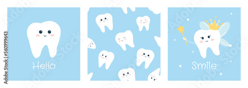 Cute vector illustration and seamless pattern with white smiling tooth and tooth fairy isolated on blue background.