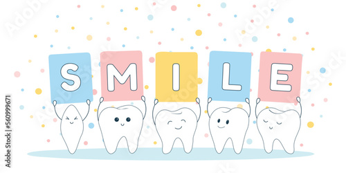 Poster with cute smiling cartoon teeth isolated on white background. Vector illustration.