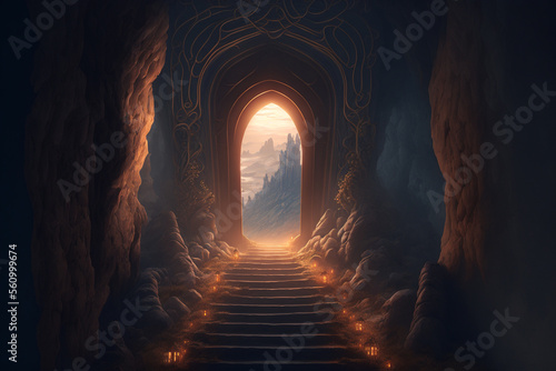 Fotografie, Obraz A painting of a stairway leading to a light at the end of a tunnel, Generative A