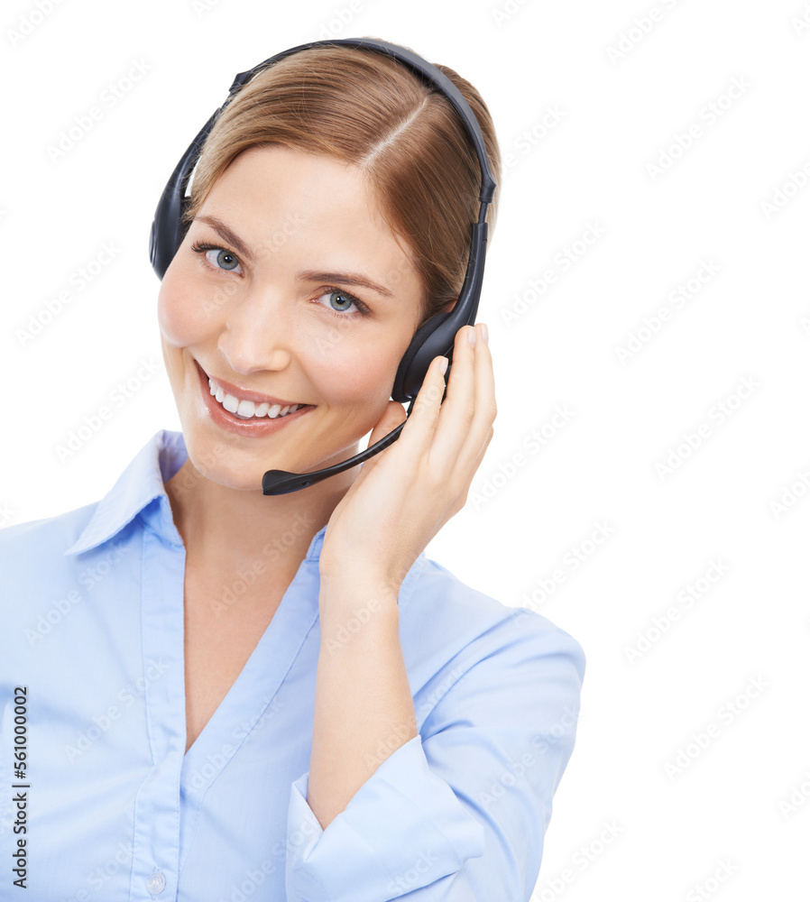 Call center, customer service and face portrait of woman in studio isolated on white background mock up. Crm, contact us and happy female telemarketing worker, consultant or sales agent from Canada. Call center, customer service and face portrait of woman in studio isolated on white background mock up. Crm, contact us and happy female telemarketing worker, consultant or sales agent from Canada.