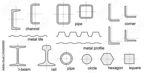 Steel rolled products, iron profiles, metal beam, pipe, girder, construction bars, corner, square and round tube. Metal, aluminium elements for metalwork. Cad set for metallurgy industry materials