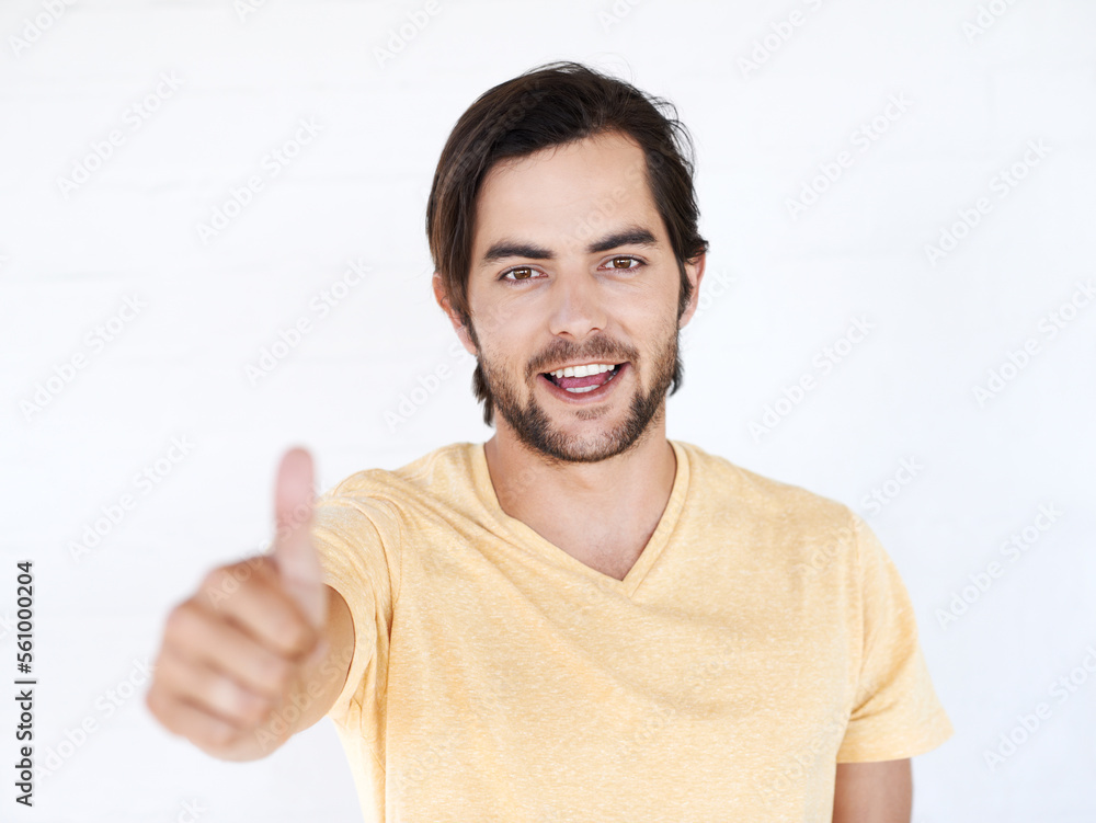 Thumbs up, portrait and man in studio, white background or isolated review. Happy male model, thumb up and support of yes agreement, celebration and like emoji for vote of trust, thank you or success Thumbs up, portrait and man in studio, white background or isolated review. Happy male model, thumb up and support of yes agreement, celebration and like emoji for vote of trust, thank you or success