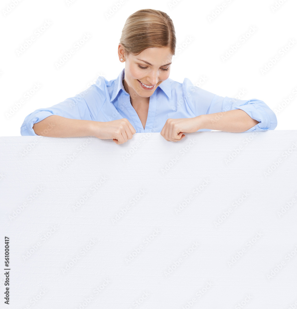 News, woman behind blank sign and mockup with product placement isolated on white background. Advertising, marketing and portrait of happy woman looking down at poster board announcement and smile. News, woman behind blank sign and mockup with product placement isolated on white background. Advertising, marketing and portrait of happy woman looking down at poster board announcement and smile.