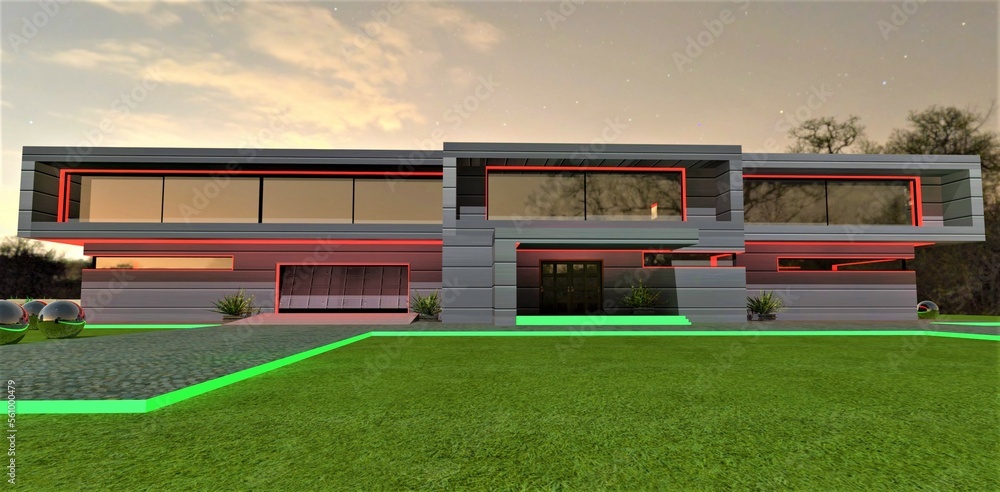 Fototapeta premium Combinaion of red and green LED illumination of the newly built modern estate at night. View from the lawn. 3d rendering.