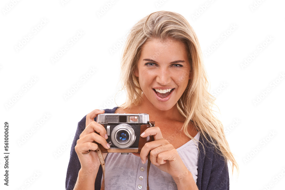 Photographer, studio portrait and woman with camera for vintage photo shooting, picture memory or lens photoshoot. Photography, paparazzi and model with emoji facial expression on white background Photographer, studio portrait and woman with camera for vintage photo shooting, picture memory or lens photoshoot. Photography, paparazzi and model with emoji facial expression on white background