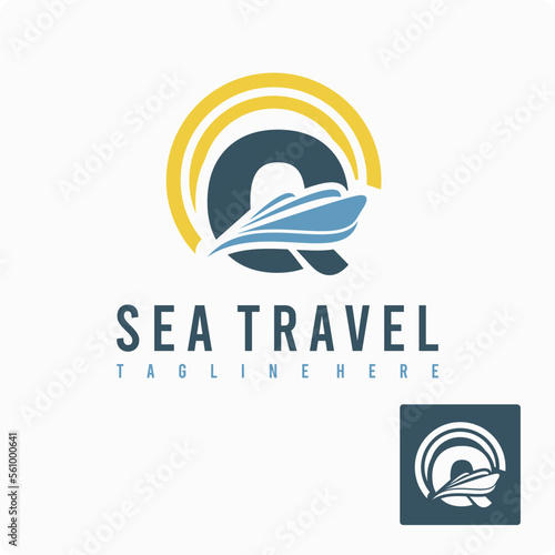 Initial Q Letter with Ship Marine, Wave and Sun Icon for Travel Holiday Agency Business Logo Idea Template