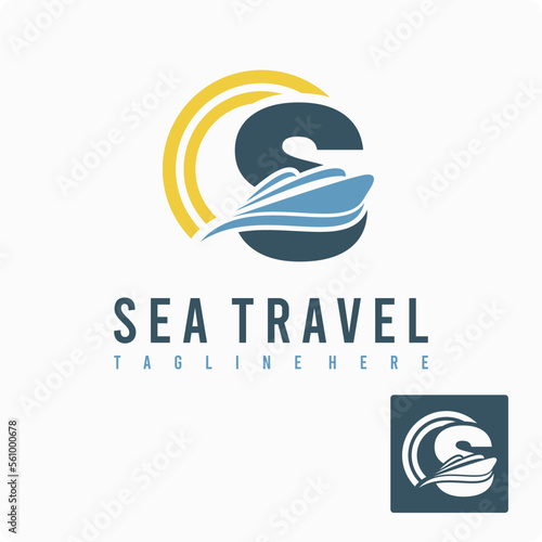 Initial S Letter with Ship Marine, Wave and Sun Icon for Travel Holiday Agency Business Logo Idea Template