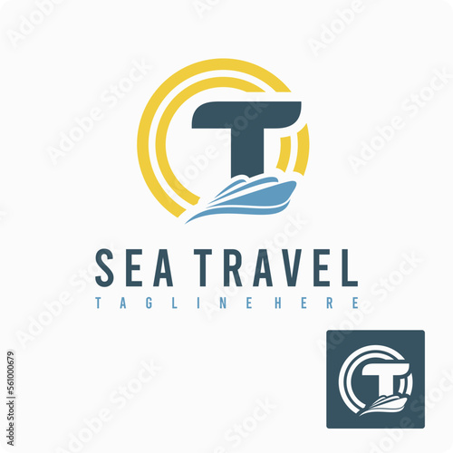 Initial T Letter with Ship Marine, Wave and Sun Icon for Travel Holiday Agency Business Logo Idea Template