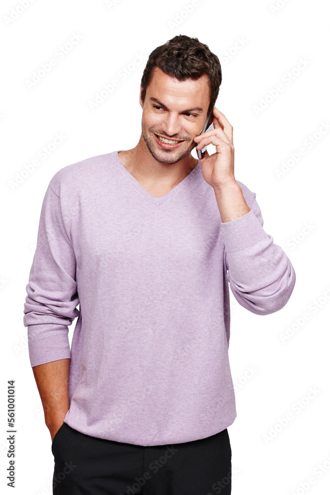 Man, phone call and talking with smile in studio for online communication, mobile phone discussion and happy isolated in white background. Casual person, smartphone and happiness speaking on call Man, phone call and talking with smile in studio for online communication, mobile phone discussion and happy isolated in white background. Casual person, smartphone and happiness speaking on call