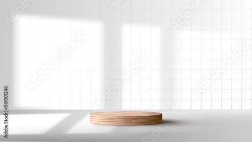 3D realistic empty studio room wooden cylinder podium pedestal stand window lighting shadow