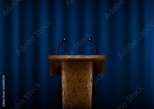 3D realistic empty wooden announcement lecture podium or pedestal stand with microphone on blue curtain background