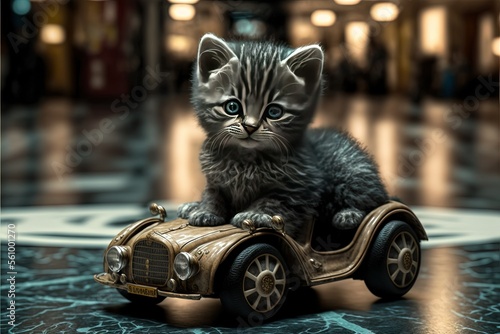 Fototapete kitten in avarice toy car in mall, ai generated