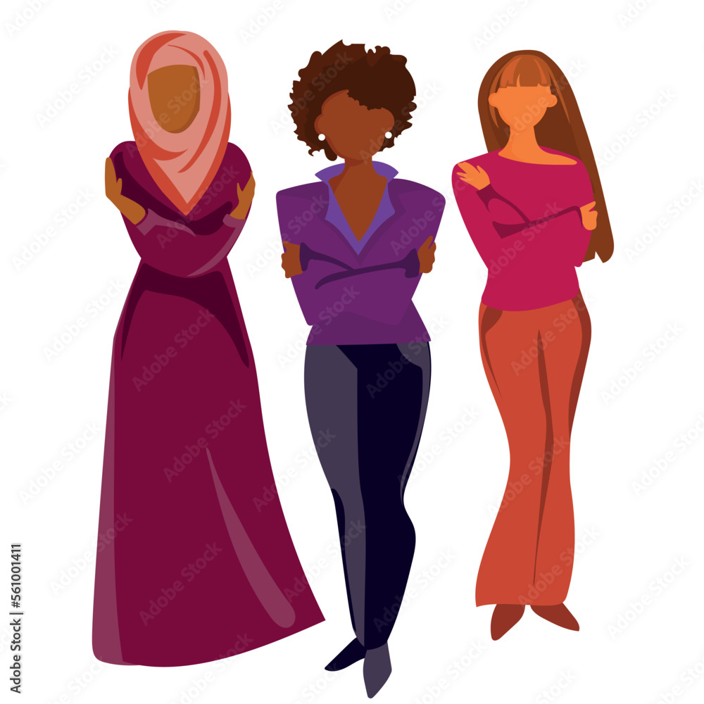 Embrace Equity concept.Three women of different nationality African American,European and Muslim woman embrace themselves vector illustration.Group of diverse women,Activism concept self love.IWD. Embrace Equity concept.Three women of different nationality African American,European and Muslim woman embrace themselves vector illustration.Group of diverse women,Activism concept self love.IWD.