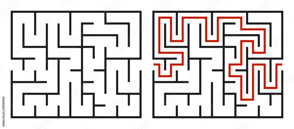 Abstract maze. Find right way. Isolated simple square maze black line on white background. Vector illustration. Abstract maze. Find right way. Isolated simple square maze black line on white background. Vector illustration.