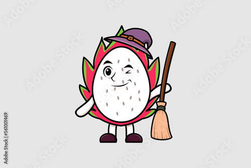 Cute cartoon witch shaped Dragon fruit character with hat and broomstick cute style illustration