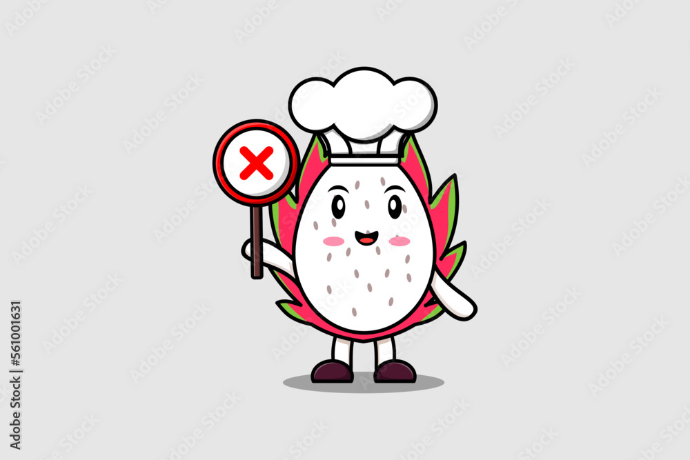 cute cartoon Dragon fruit chef holding wrong sign board in vector character illustration cute cartoon Dragon fruit chef holding wrong sign board in vector character illustration