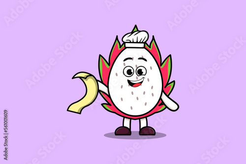 Cute cartoon Dragon fruit chef character with menu in hand cute style design illustration