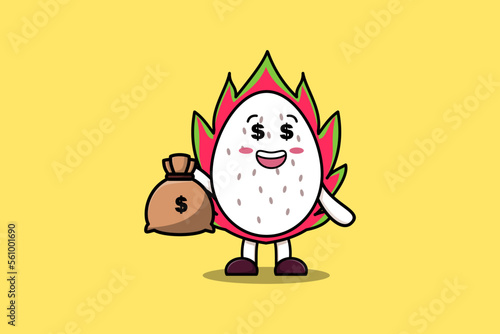 Cute cartoon Crazy rich Dragon fruit with money bag shaped funny in modern design illustration