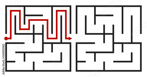 Abstract maze. Find right way. Isolated simple square maze black line on white background. Vector illustration.