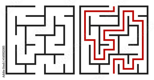 Abstract maze. Find right way. Isolated simple square maze black line on white background. Vector illustration.