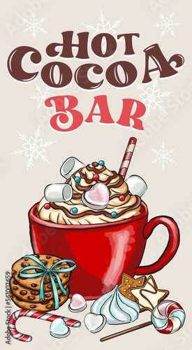 Hot cocoa bar sign Christmas badge. You can use this clipart for greeting card printing, fabric printing, holiday and invitation design, planner stickers, scrapbook pages.