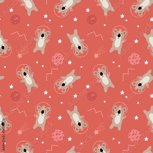 Seamless childish pattern with astronaut koala  planet  stars and constellation. Creative scandinavian kids texture for fabric  wrapping  textile  wallpaper  apparel.