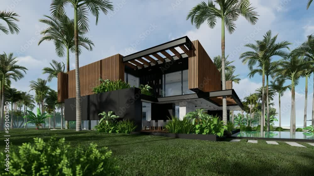 4K video rendering of modern cozy house with parking and pool for sale or rent with wood plank facade by the sea or ocean. Sunny day by the coast with palm and flowers in tropical island Fly-walk 4K video rendering of modern cozy house with parking and pool for sale or rent with wood plank facade by the sea or ocean. Sunny day by the coast with palm and flowers in tropical island Fly-walk