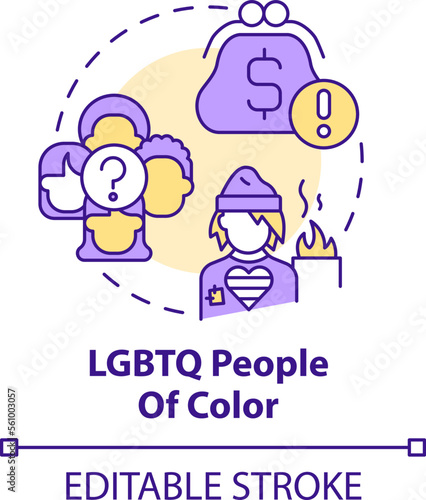 LGBTQ people of color concept icon. Discrimination issue. Different barriers facing abstract idea thin line illustration. Isolated outline drawing. Editable stroke. Arial, Myriad Pro-Bold fonts used