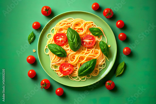 Nice Spaghetti with tomato and basil on green