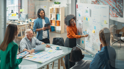Modern Creative Agency Meeting: Confident Black Female Engineer Uses Whiteboard, Makes Report to a Group of Engineers, Managers Talks, and Shows Statistics, Growth and Analysis Information