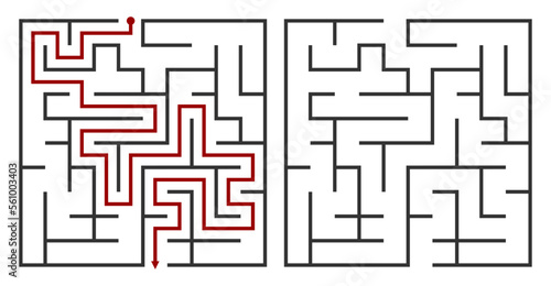 Abstract maze. Find right way. Isolated simple square maze black line on white background. Vector illustration.