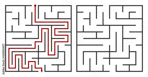 Abstract maze. Find right way. Isolated simple square maze black line on white background. Vector illustration.