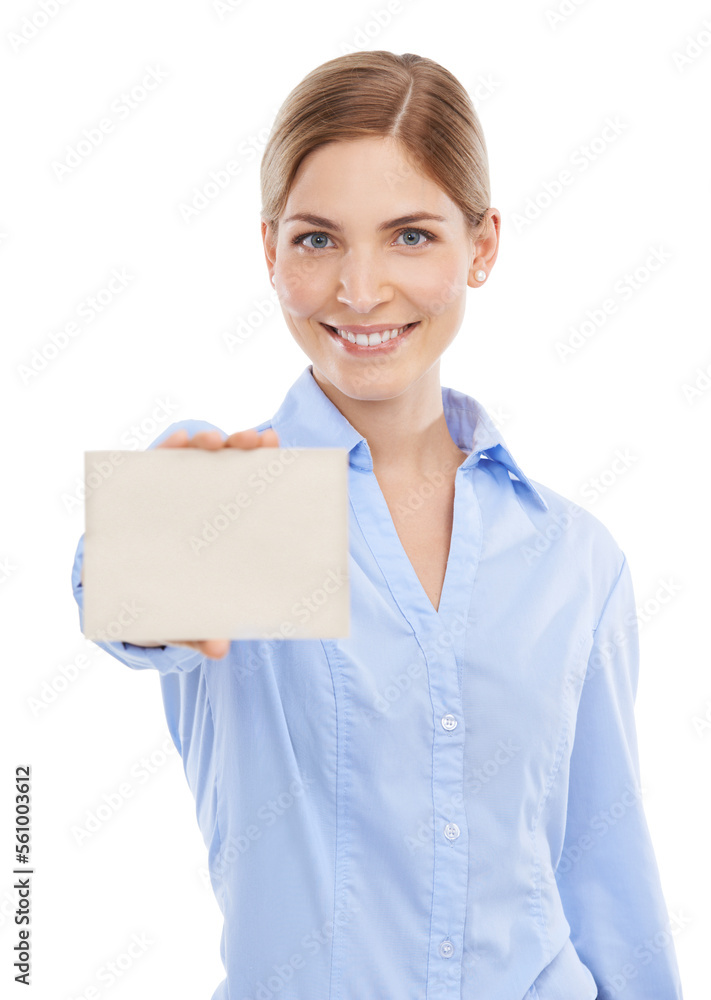 Happy, mockup and business woman with a card with space for announcement or advertising. Signage, bulletin and portrait of a female model with blank board with copy space by white studio background. Happy, mockup and business woman with a card with space for announcement or advertising. Signage, bulletin and portrait of a female model with blank board with copy space by white studio background.