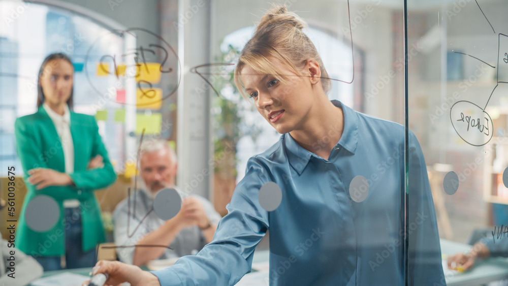 Obraz premium Portrait of Caucasian Female Manager Writing on Glass Board and Brainstorming with Team in a Stylish Meeting Room in Creative Office. Team of Multi-Ethnic Professionals Focused on a Presentation